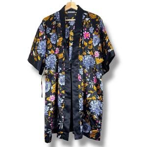 Karen Stuart Women’s Floral Satin Kimono Robe Medium Black Purple Yellow Flowers